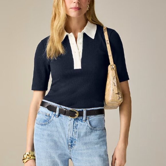 J. Crew Tops - J.Crew Premium Rib Short-Sleeve Polo Shirt Navy Cotton Blend New Size Medium
